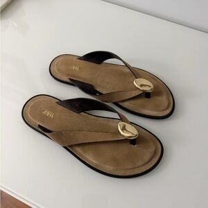 Zara Brown Suede Toe-Post Sandals with Gold Hardware